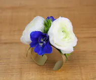 White Ranunculus & Dark Blue Delphinium Cuff Wristlet