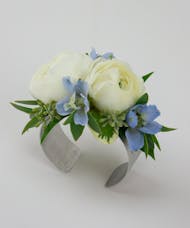 Ranunculus & Light Blue Delphinium Wristlet