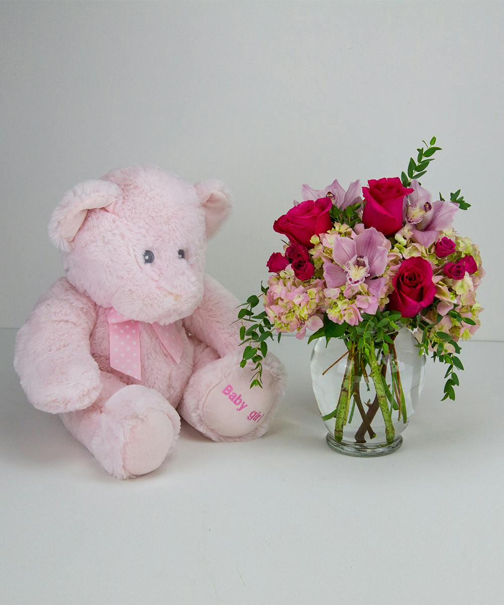 new baby flowers and teddy