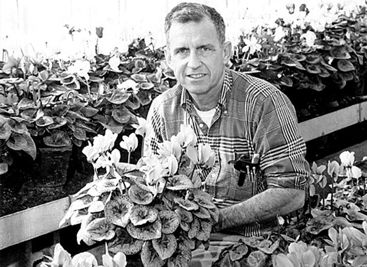 Carroll Radebaugh handles plants outdoors in the 1980s